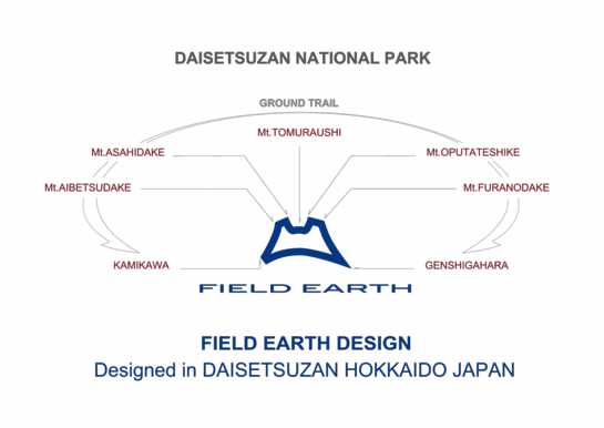 大雪山国立公园群山与 FIELD EARTH 标志：Designed in DAISETSUZAN HOKKAIDO JAPAN